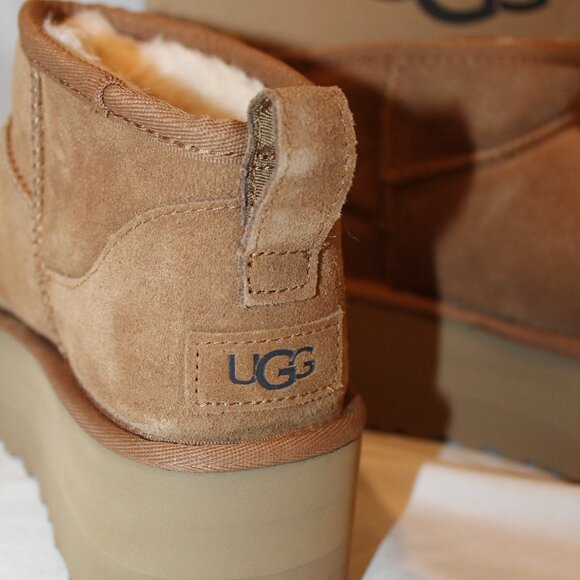 NEW UGG WOMEN'S ULTRA MINI PLATFORM SUEDE SHEARLING LINED BOOTIES CHESTNUT - Picture 6 of 8